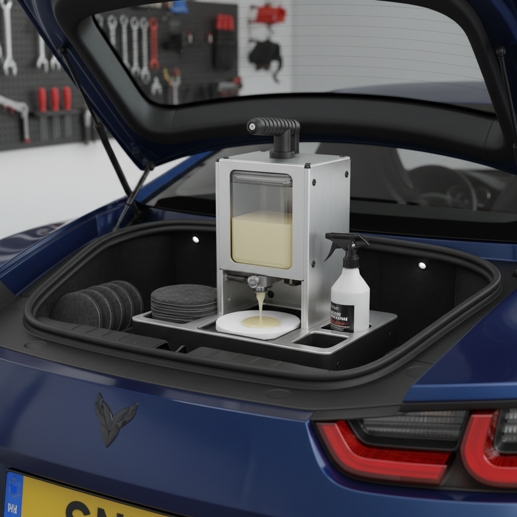 Compact wax station on trunk lid with dispenser priming pad