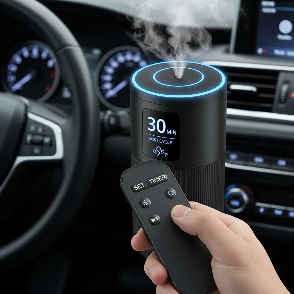 Remote control setting 30-minute mist cycle visualization for car scent diffuser