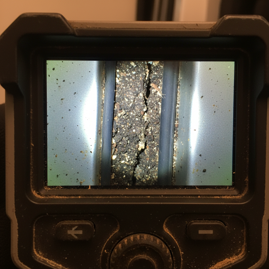 Borescope camera screen showing crevice dirt in car door jamb, detailed inspection