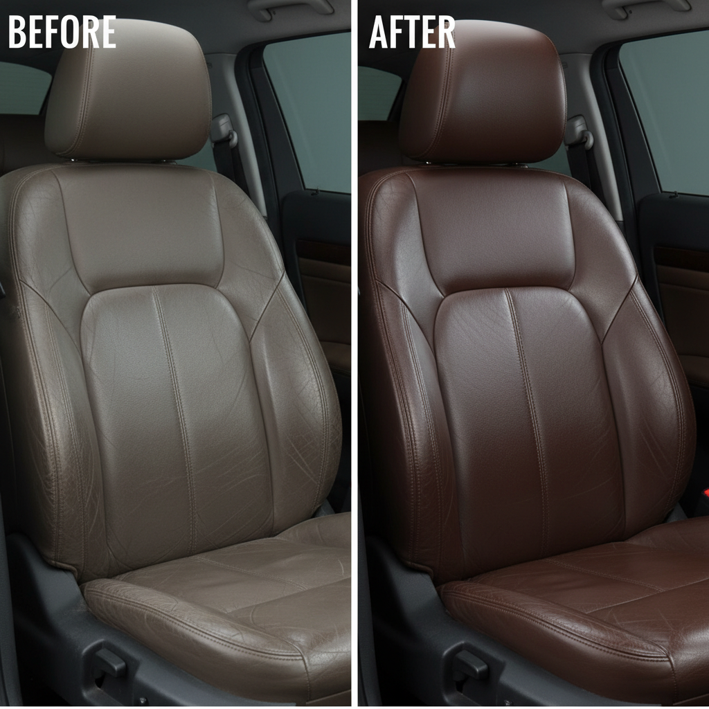Before/after split: dull leather seat vs protected satin finish