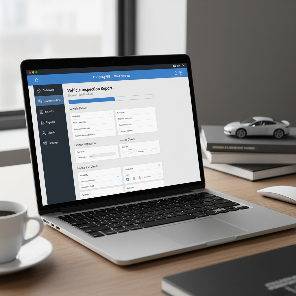 Software dashboard compiling vehicle inspection report PDF on laptop, professional detailing
