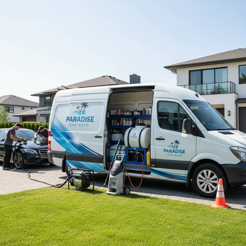 Branded Paradise Car Wash van open with full mobile detailing rig deployed at client site
