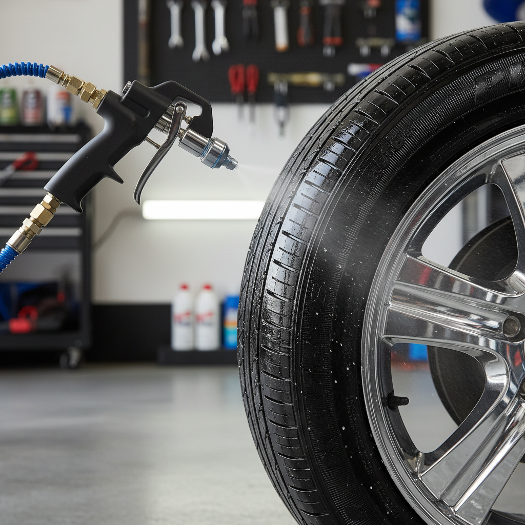 Pneumatic applicator gun spraying even tire shine layer on black tire sidewall