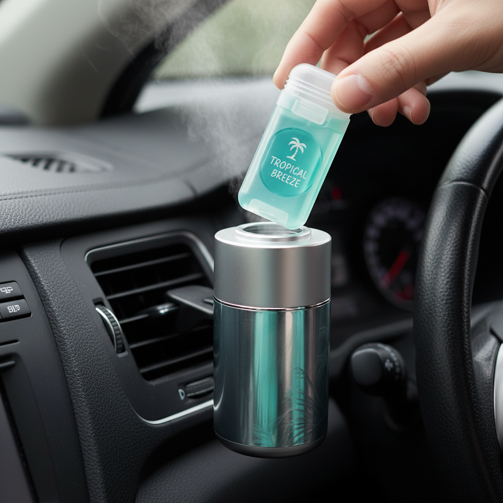 Tropical Breeze scent pod cartridge swapping into car diffuser unit