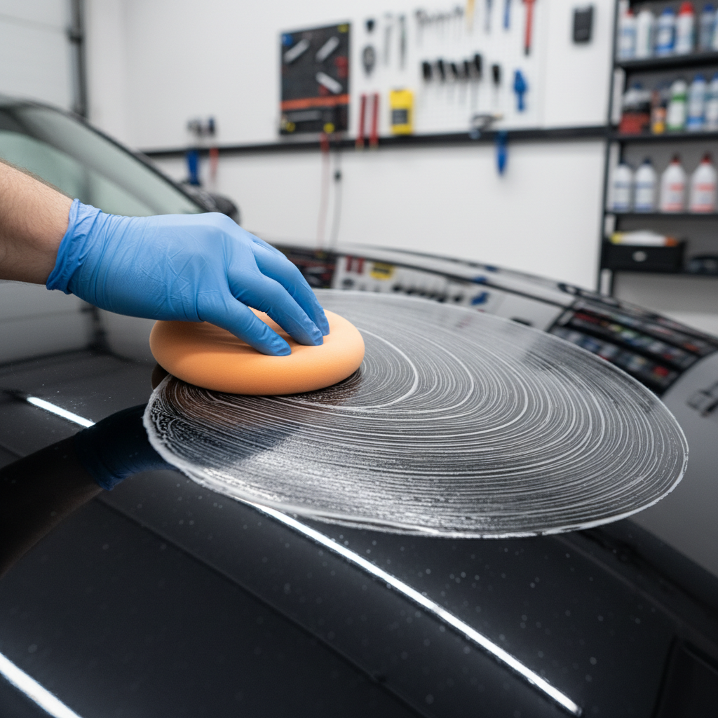 Sequence: pad waxing, buffing to gloss, UV spray sealing on car hood