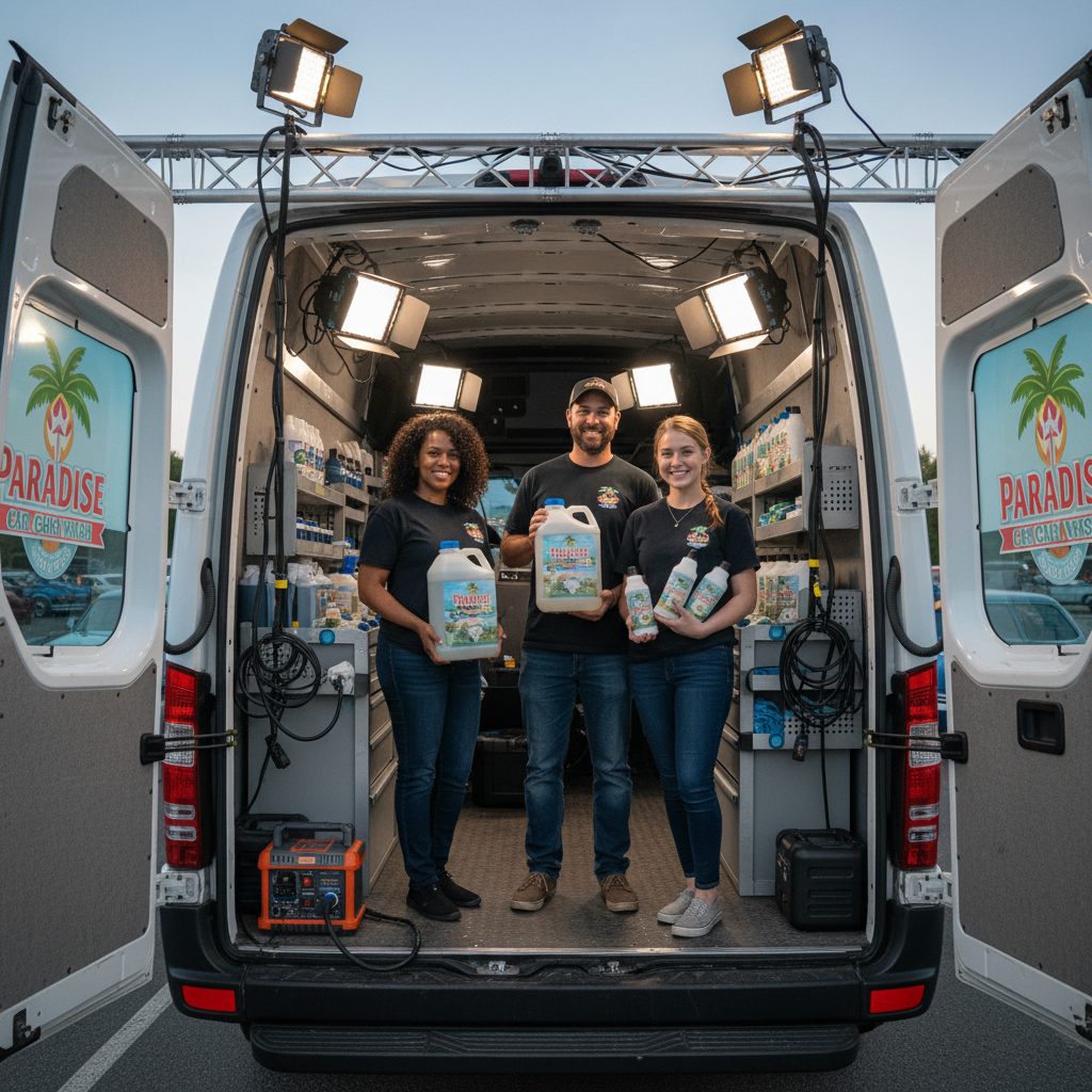 Organizers holding Paradise Car Wash products in van, professional lighting rig illuminating work area