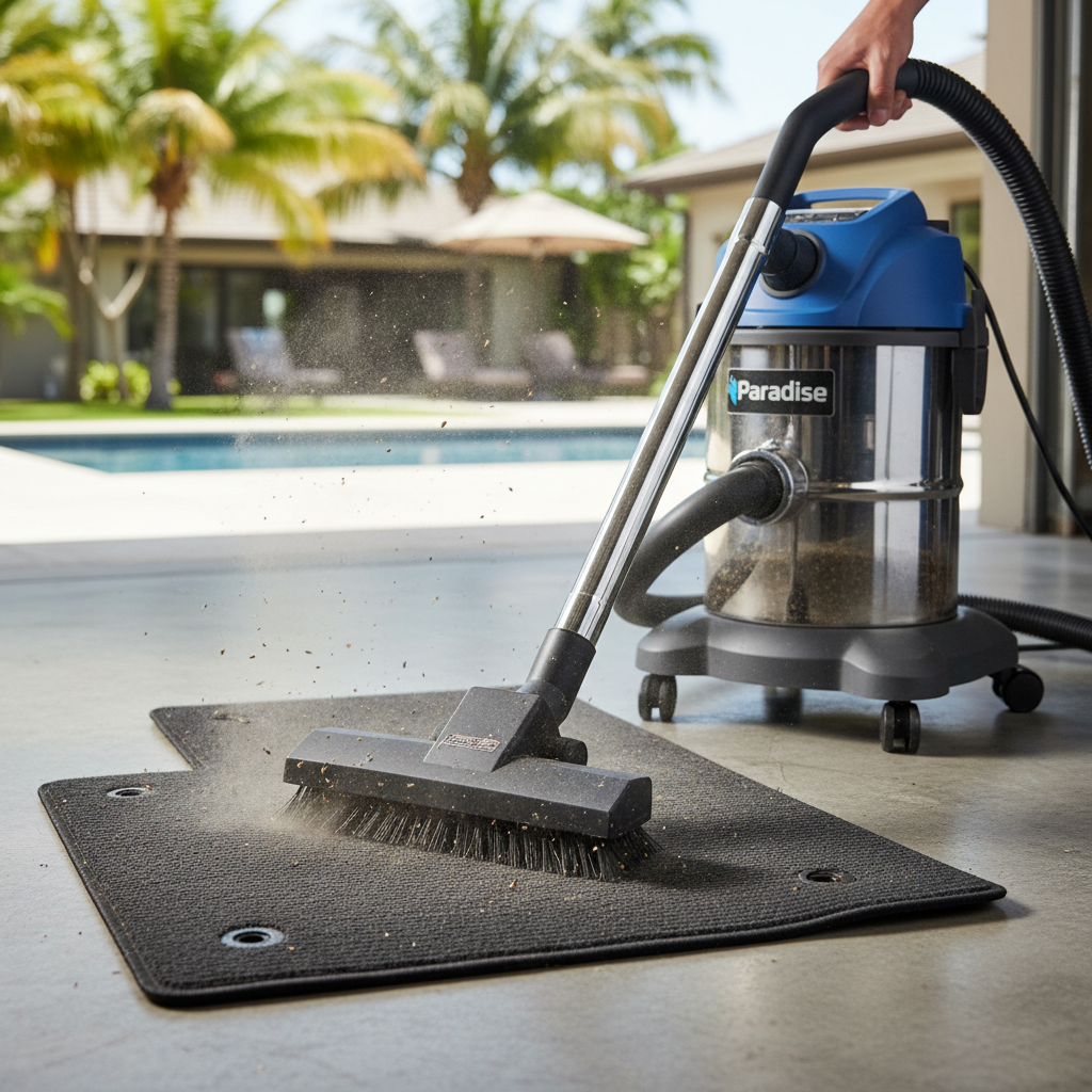Brush nozzle loosening dirt from floor mats over Paradise vacuum