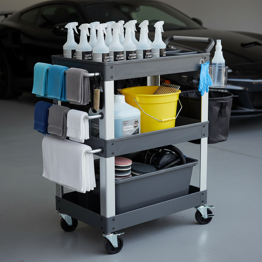 Detailing cart compartments organized: sprays on top, tools on bottom, towels on side