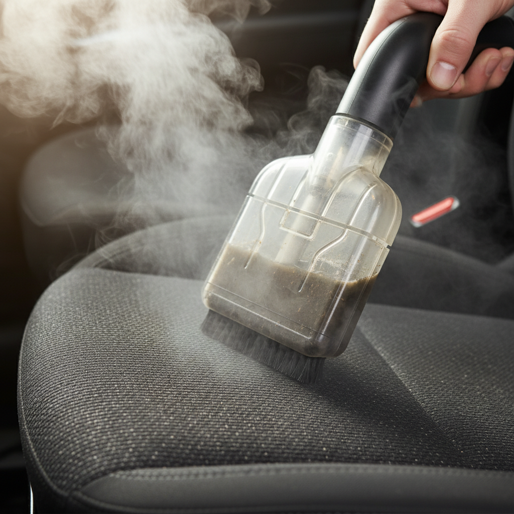 Steamer head extracting embedded dirt from seat fabric, steam rising