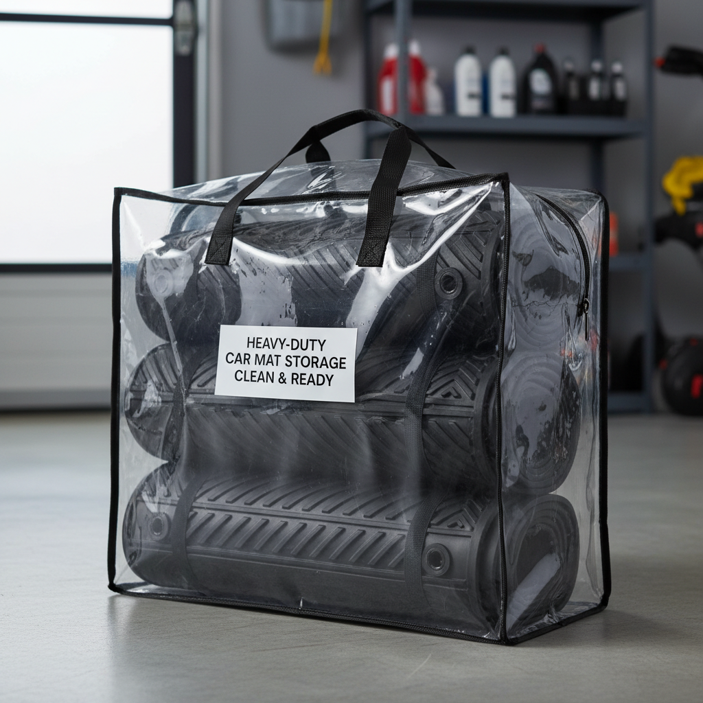Storage bag holding cleaned heavy-duty car floor mats compactly
