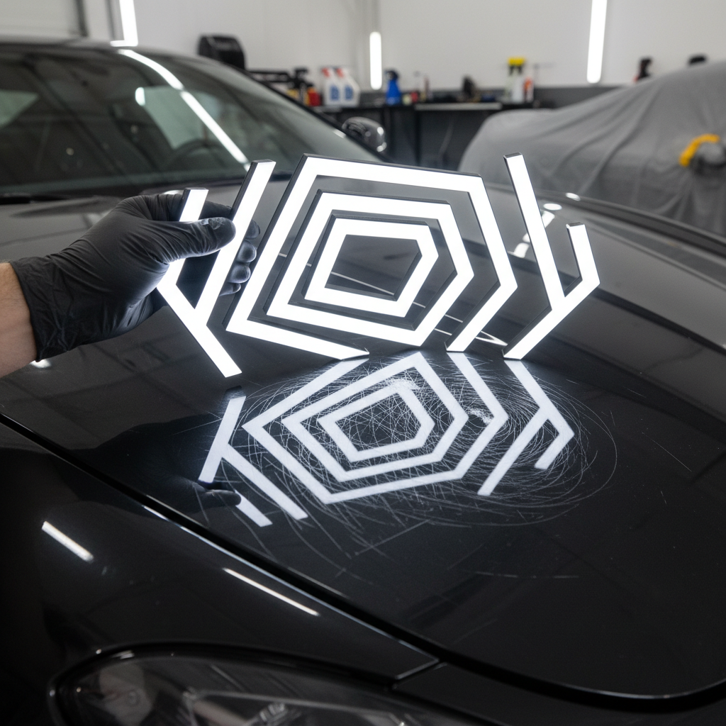 Folded LED panel lighting swirl detection on car paint surface, professional inspection
