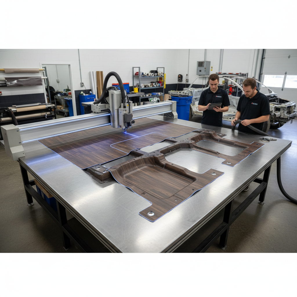 Custom cutter trimming vinyl flooring to vehicle outline in professional shop