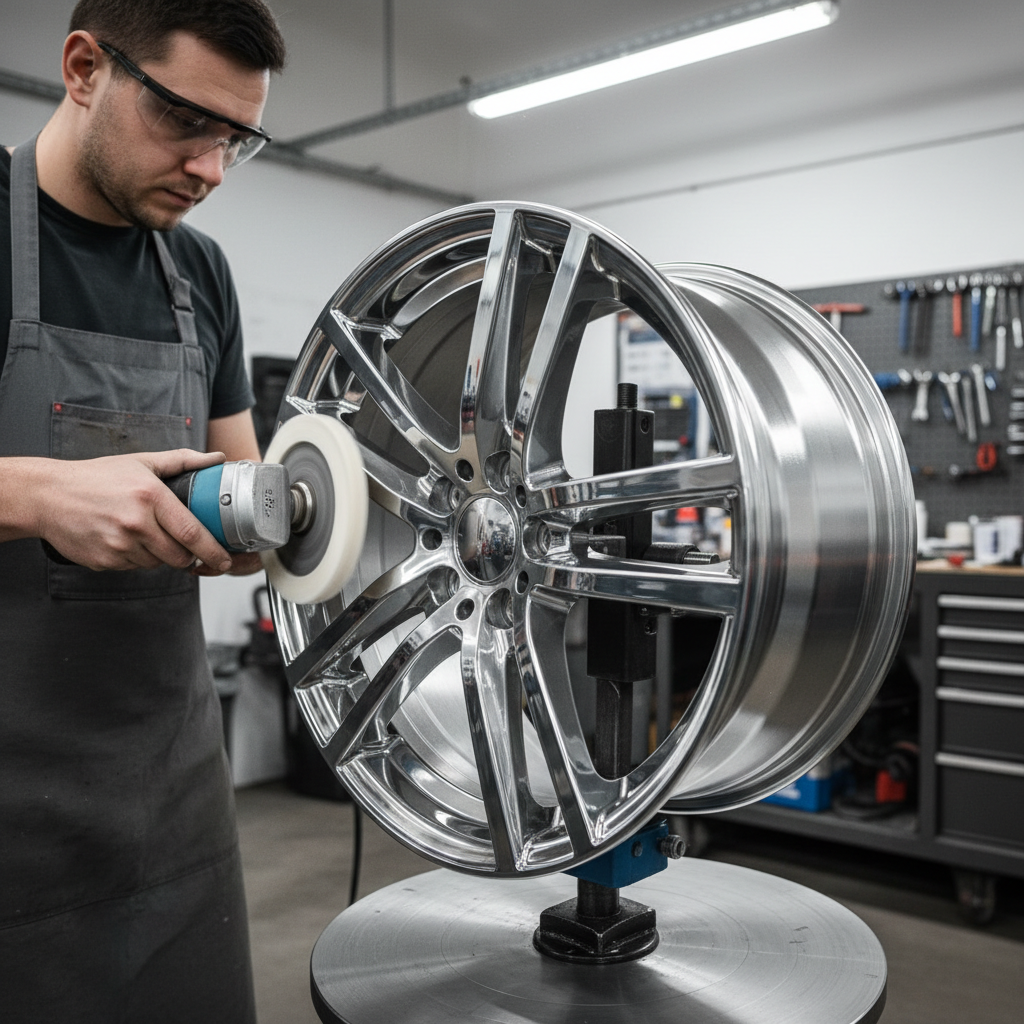 Polish machine buffing alloy rim to mirror finish, professional wheel restoration