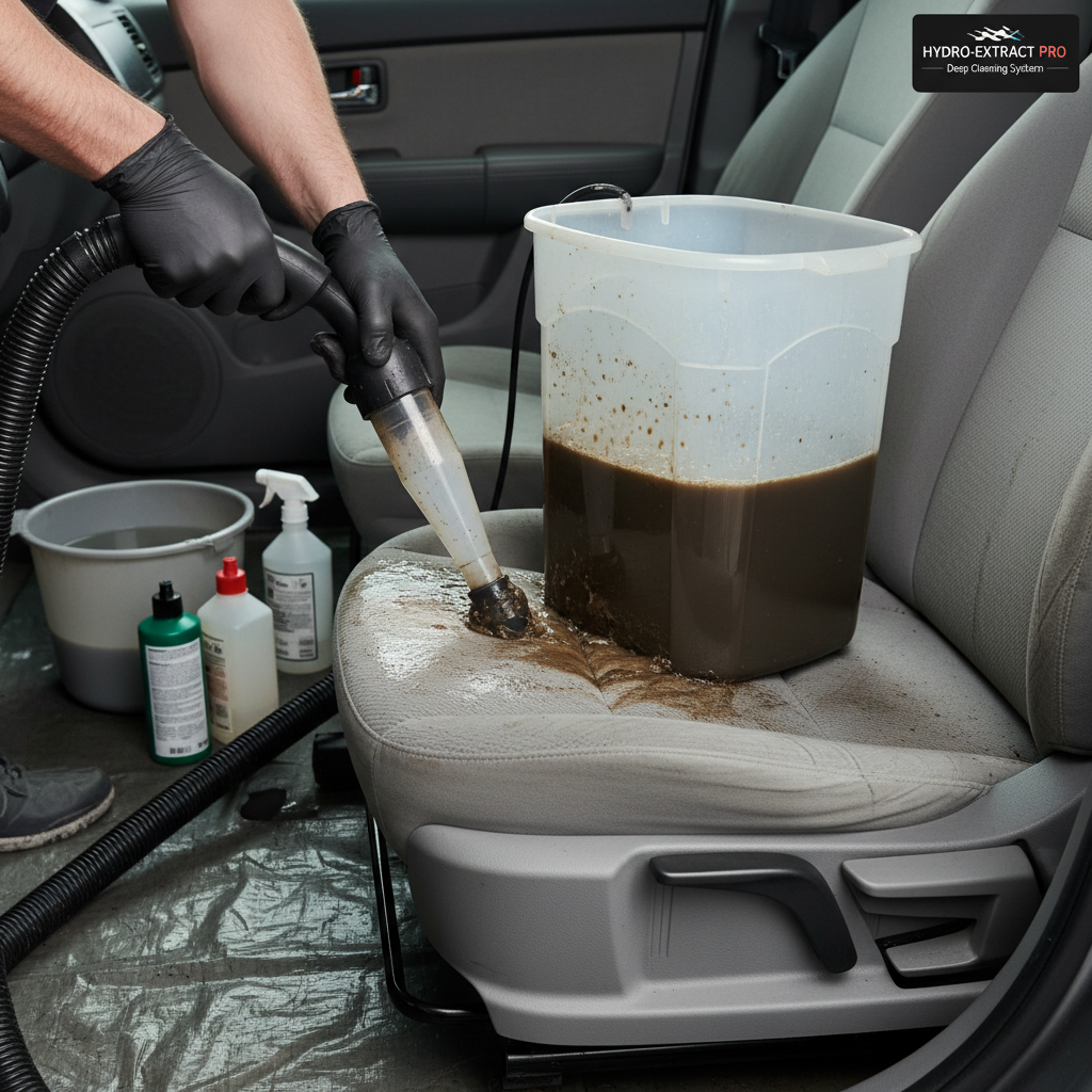 Extractor pulling gallons of dirty water from car upholstery, professional demo