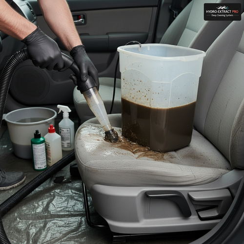 Extractor pulling gallons of dirty water from car upholstery, professional demo
