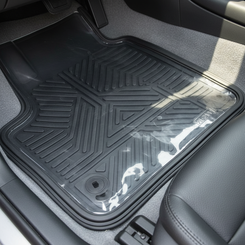 Transparent vinyl liner fitted over clean car floor mat, edge guards sealed
