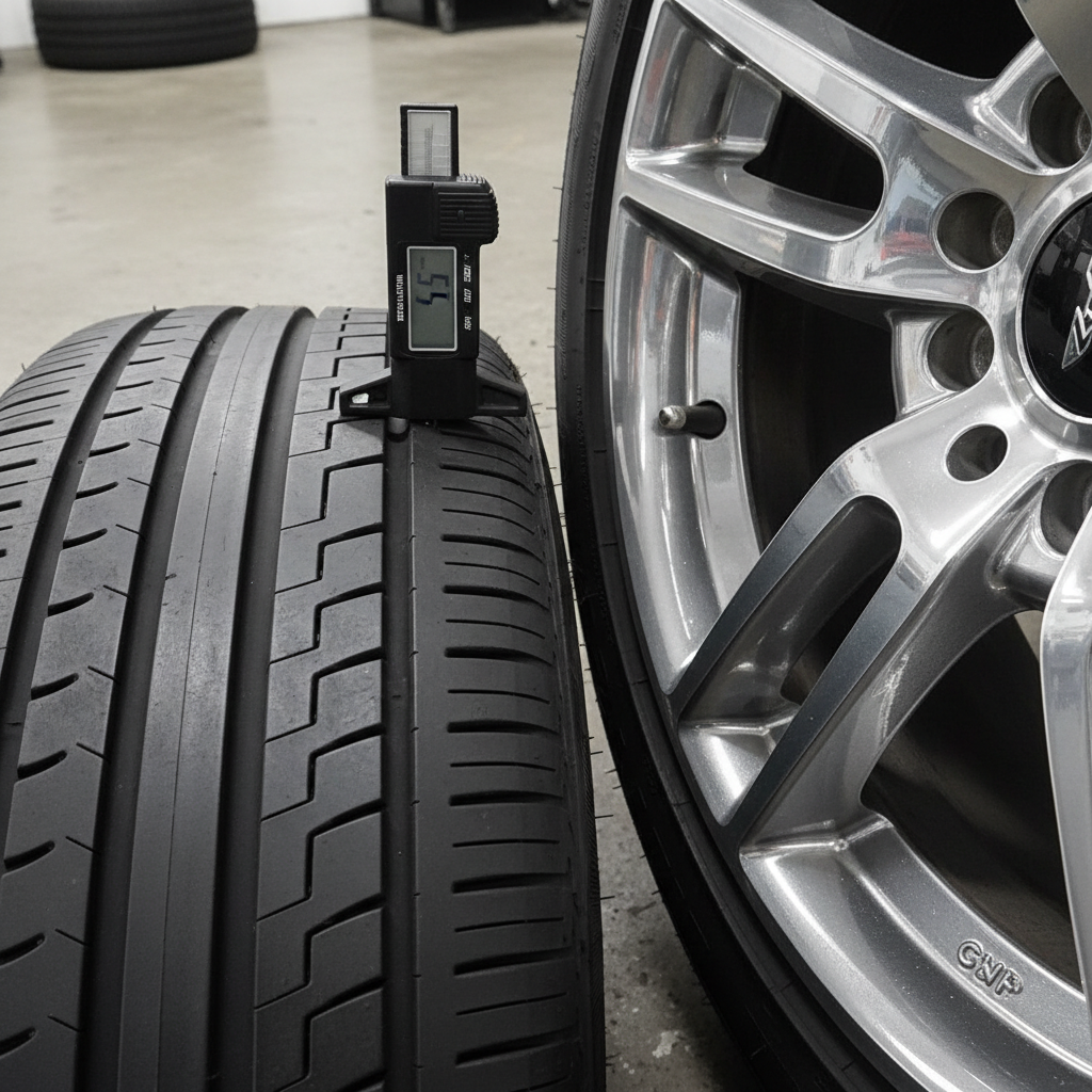 Gauge measuring tire tread depth beside dressed glossy wheel