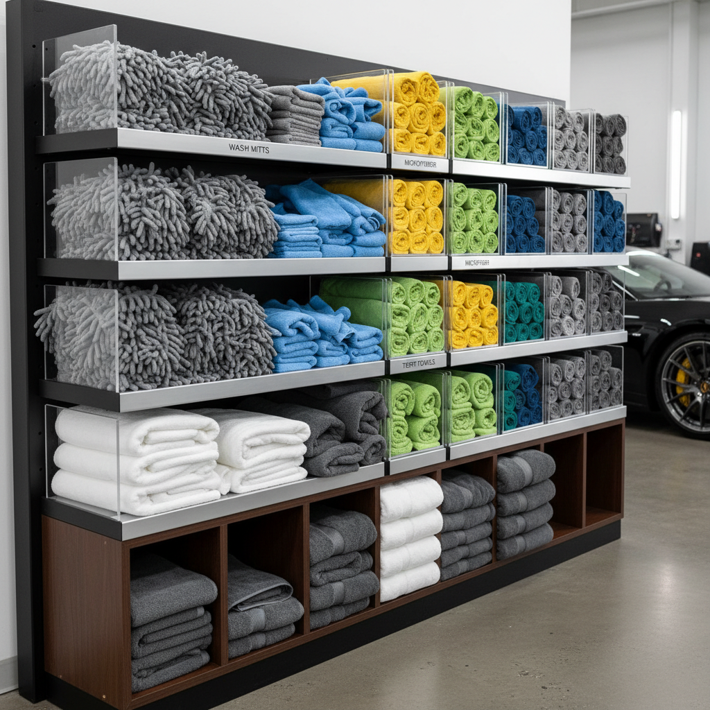 Bulk mitt and towel storage in professional shop organizer, neatly arranged