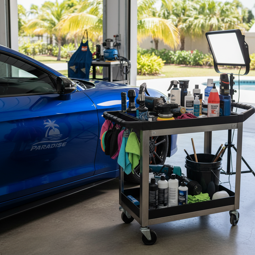 Loaded detailing cart beside Paradise-washed car ready for touch-ups, professional setup