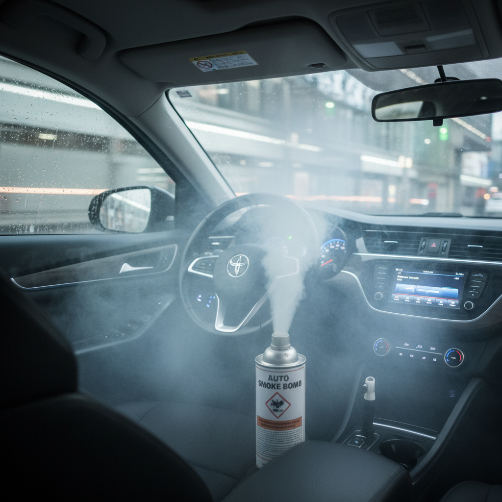 Odor bomb canister activating fog in car cabin interior