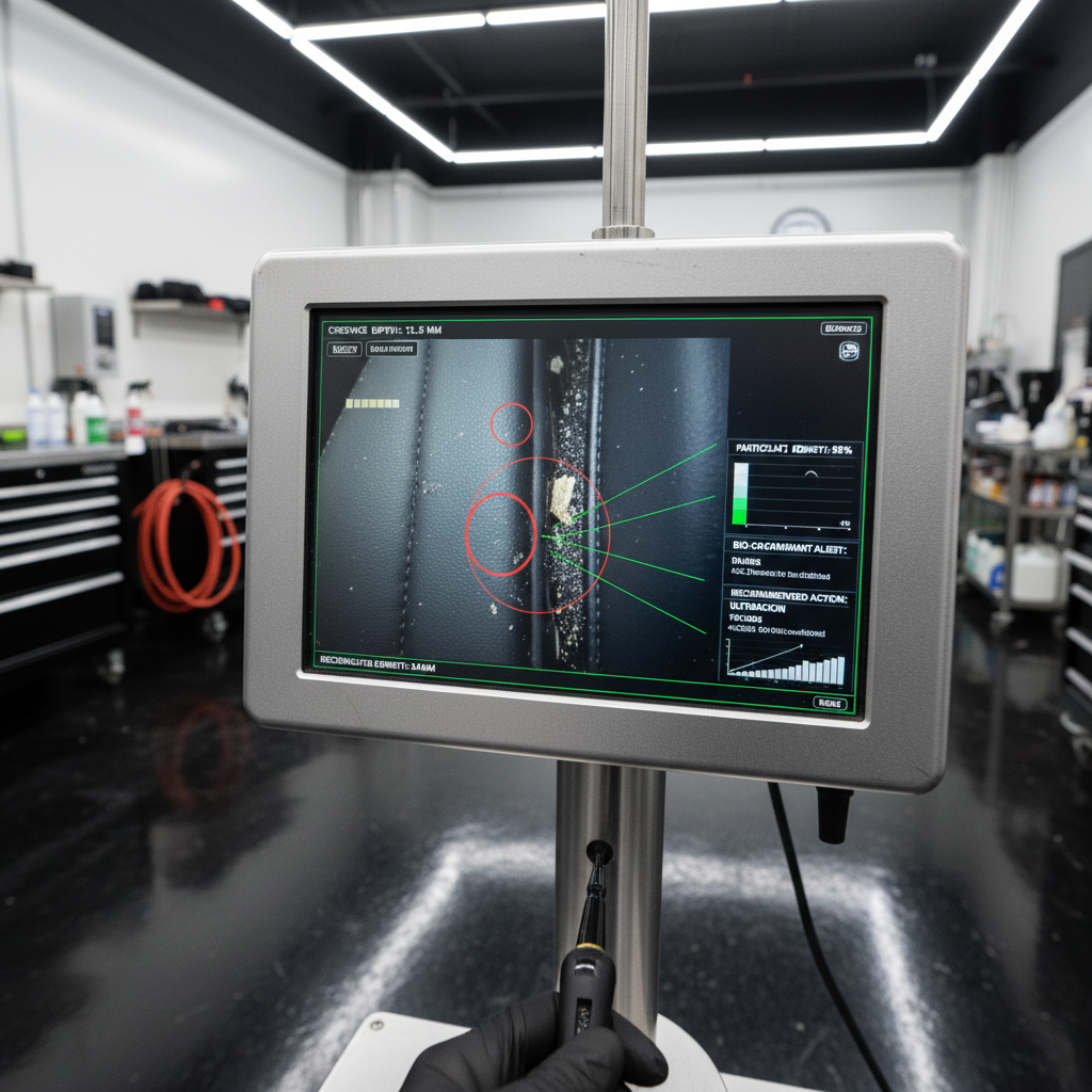 Borescope station screen zoomed on crevice analysis in professional detailing suite