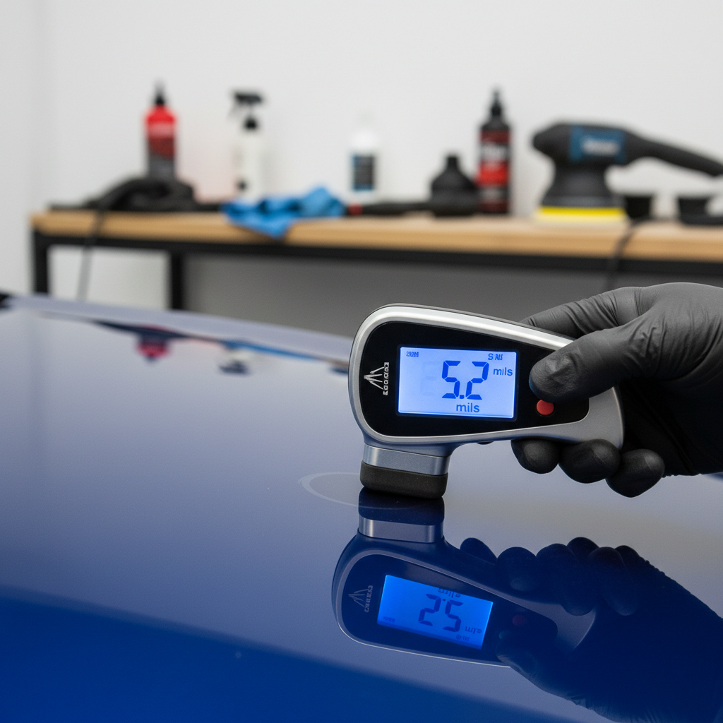 Paint thickness gauge reading 5.2 mils on car clearcoat, professional detailing tool