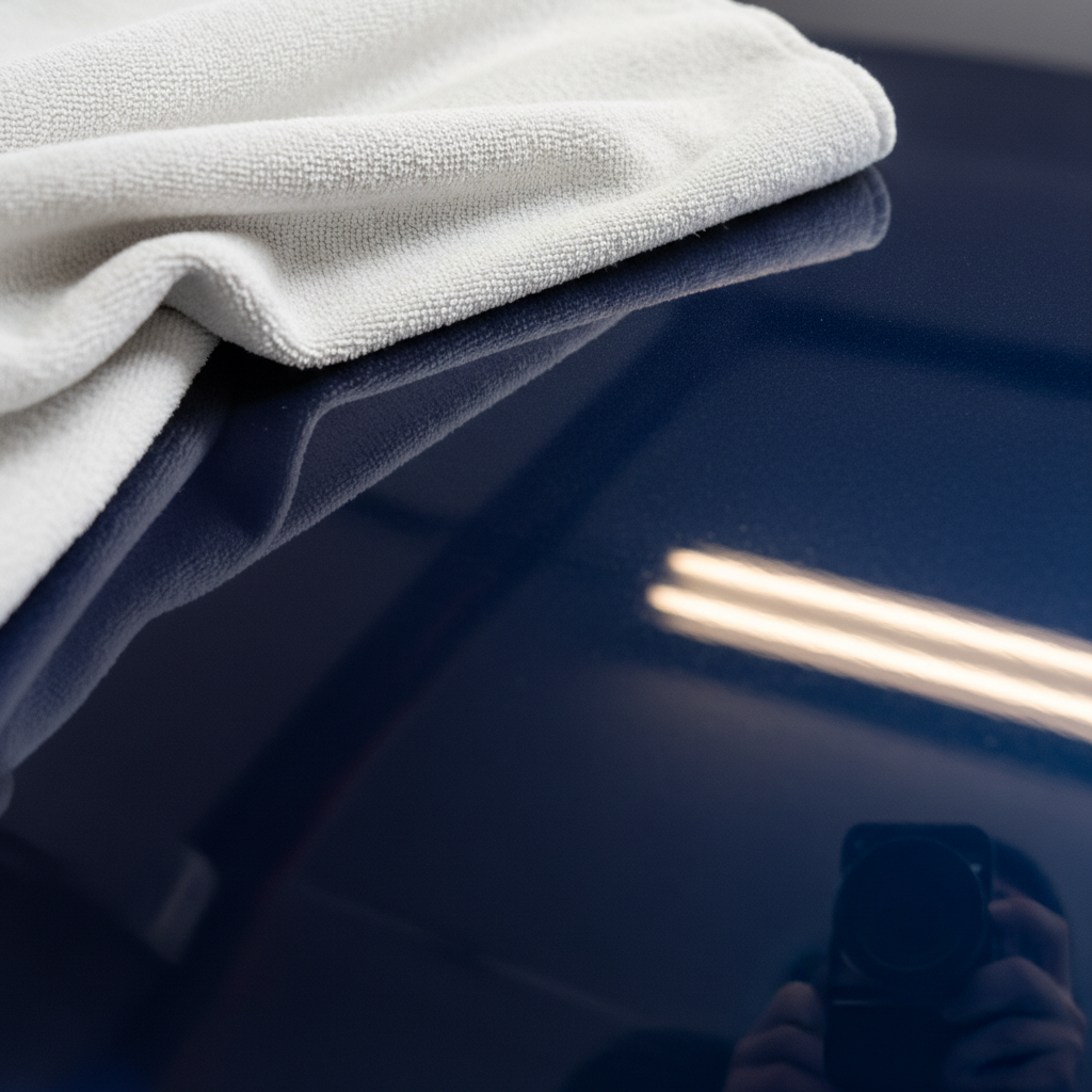 Buffing cloth revealing high gloss reflection on polished paint