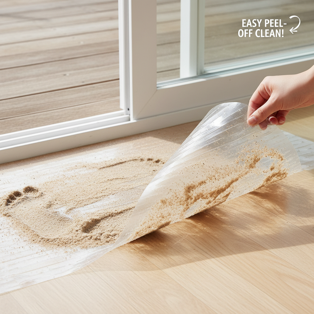 Liner catching tracked-in sand, easy peel-off clean demo