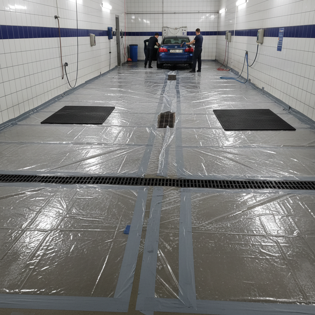 Vinyl sheets protecting entire car wash bay floor from water runoff, commercial installation