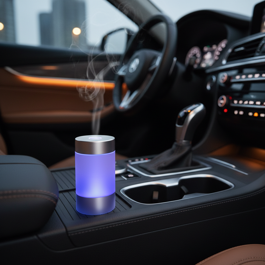 USB car scent diffuser unit plugged into console glowing softly, ambient light