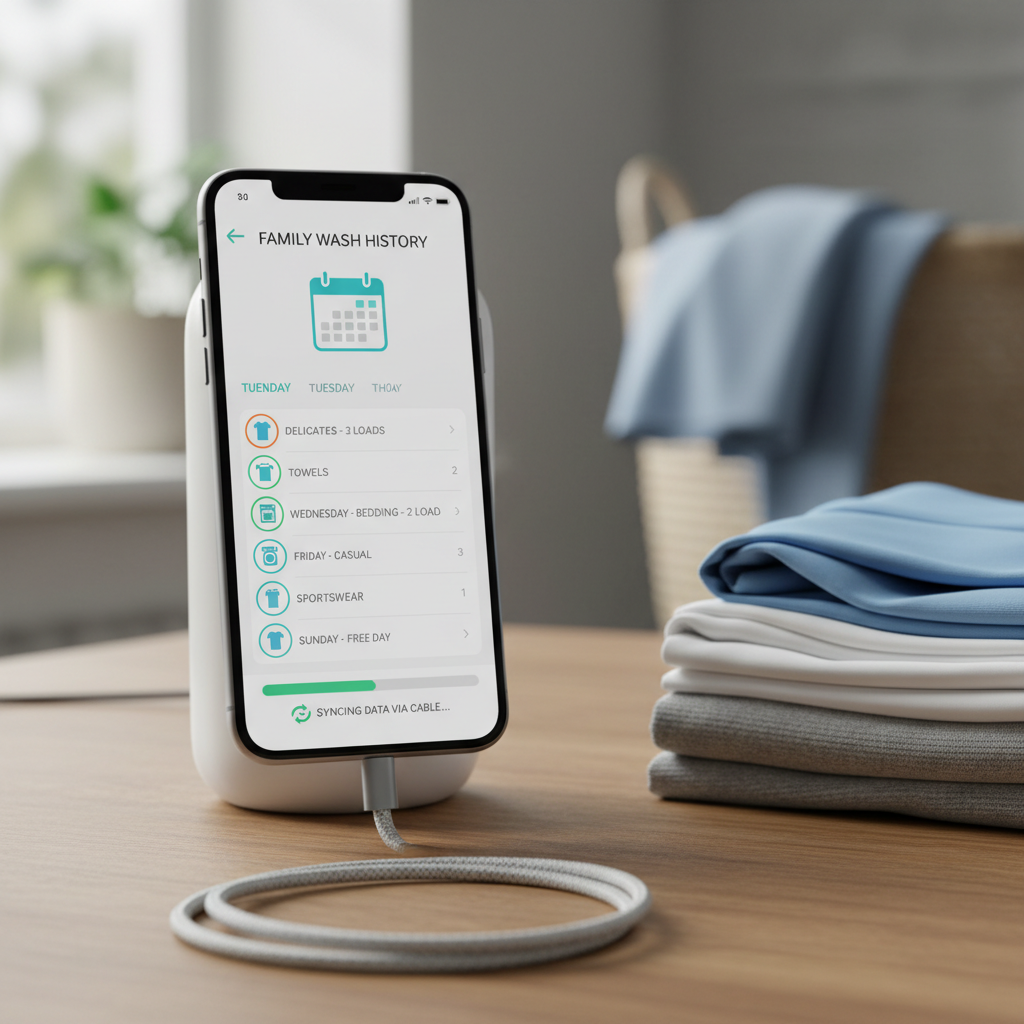 Tracker app syncing via cable, showing family wash history on phone screen
