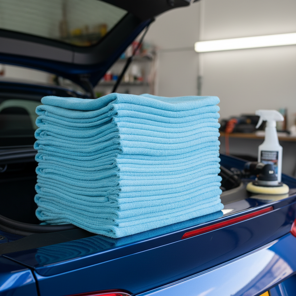 Stack of microfiber towels ready for post-spray ceramic buffing on car