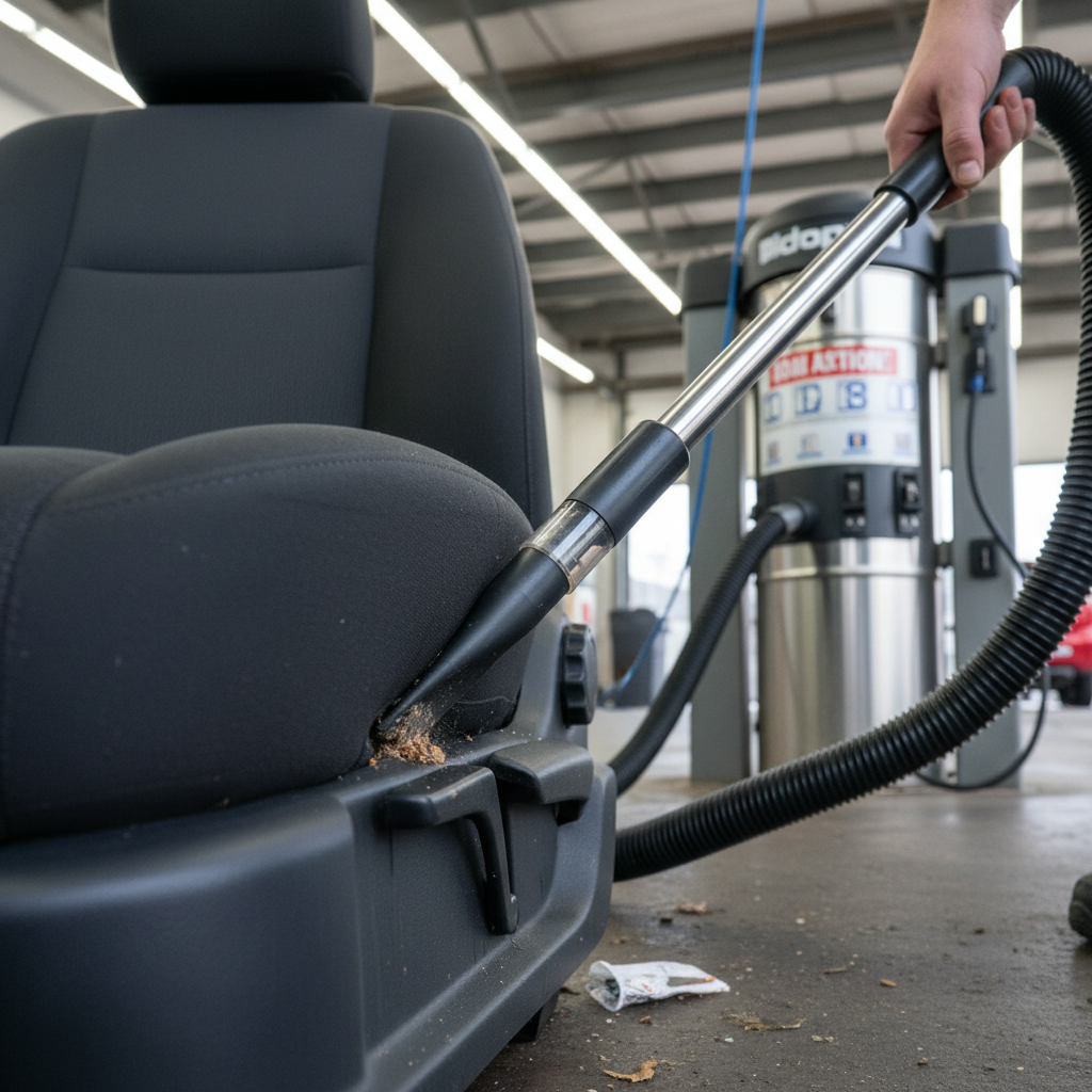 Narrow crevice tool sucking debris from seat seams at vacuum station
