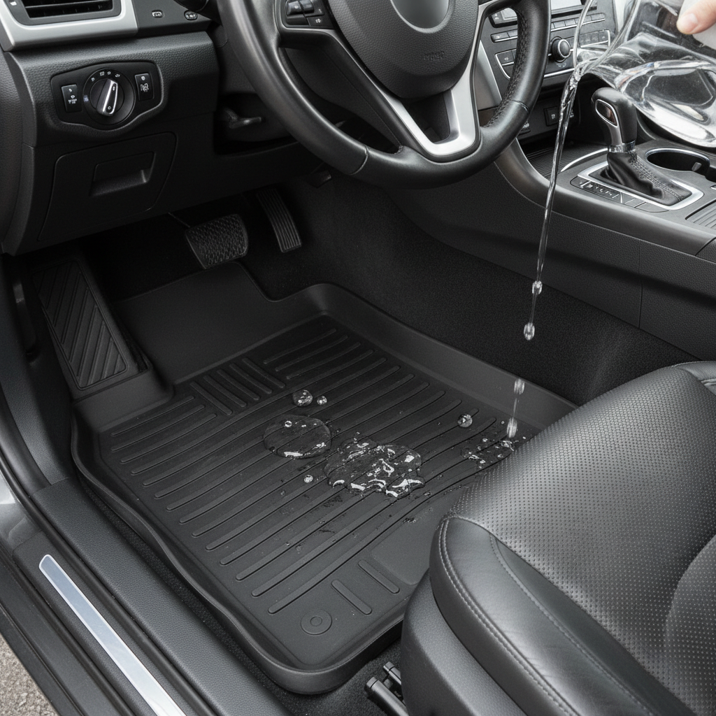 Full car floor mat set installed, water poured beads up on heavy-duty vinyl surface