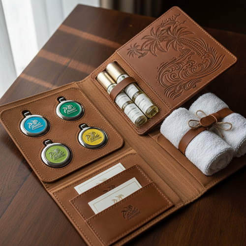 Engraved leather folio holding 3 Paradise fobs, refills, towels organized elegantly