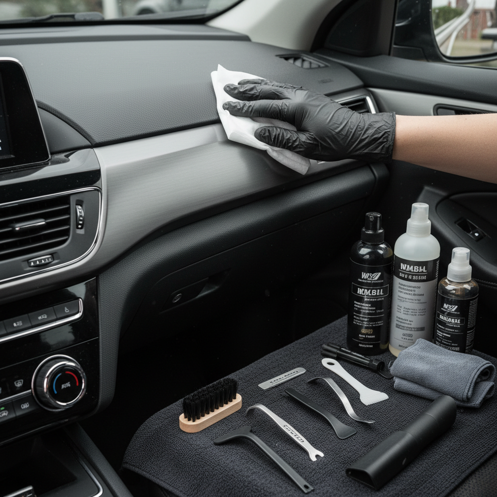 Wipes restoring car dash to satin finish, detailing tools arrayed beside it