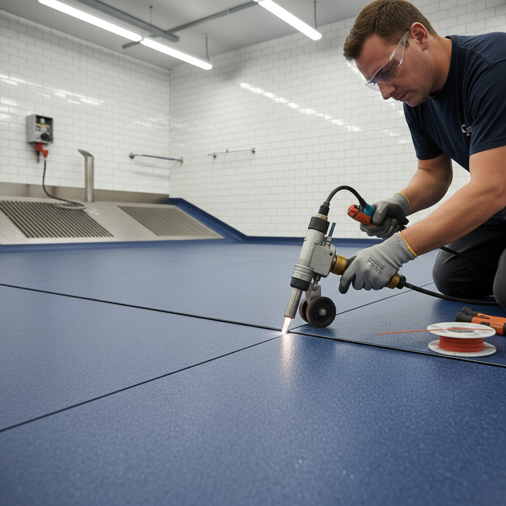 Seam welder fusing commercial vinyl floor sheets seamlessly in wash bay