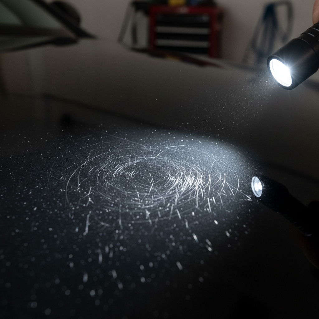 LED light revealing micro-swirls on paint under angled beam