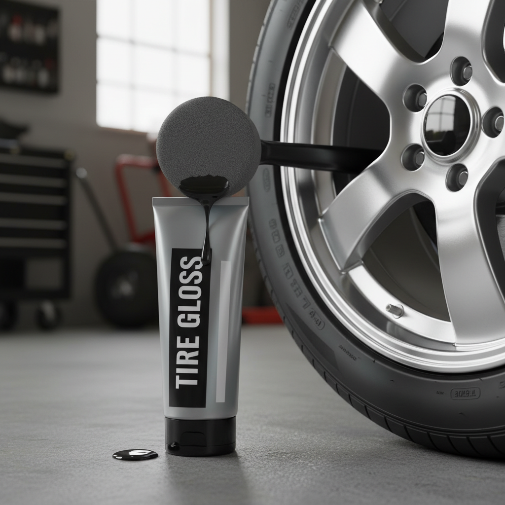 Sponge applicator dipping into tire shine tube beside clean wheel