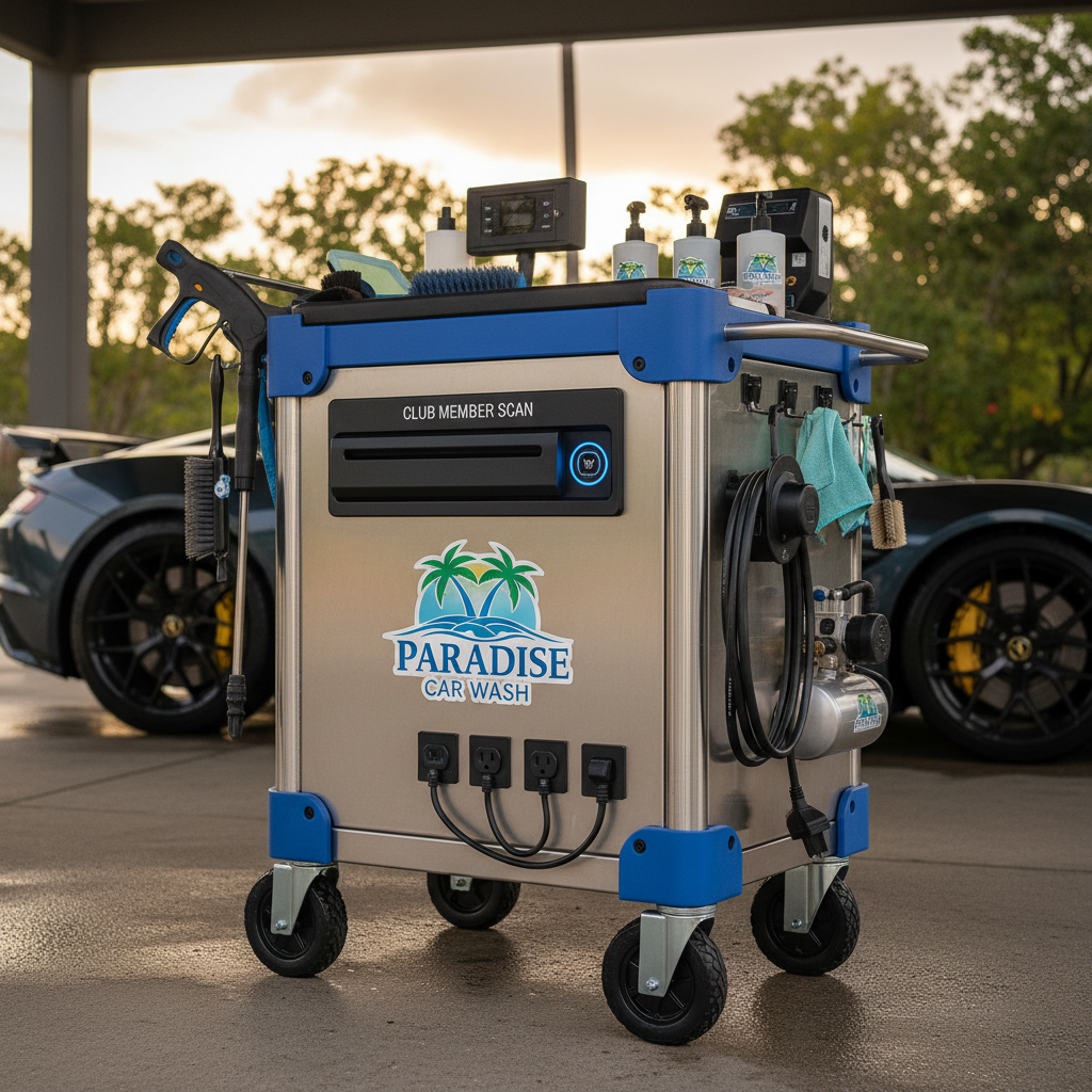 Branded Paradise Car Wash detailing cart with club member RFID slot and power accessories