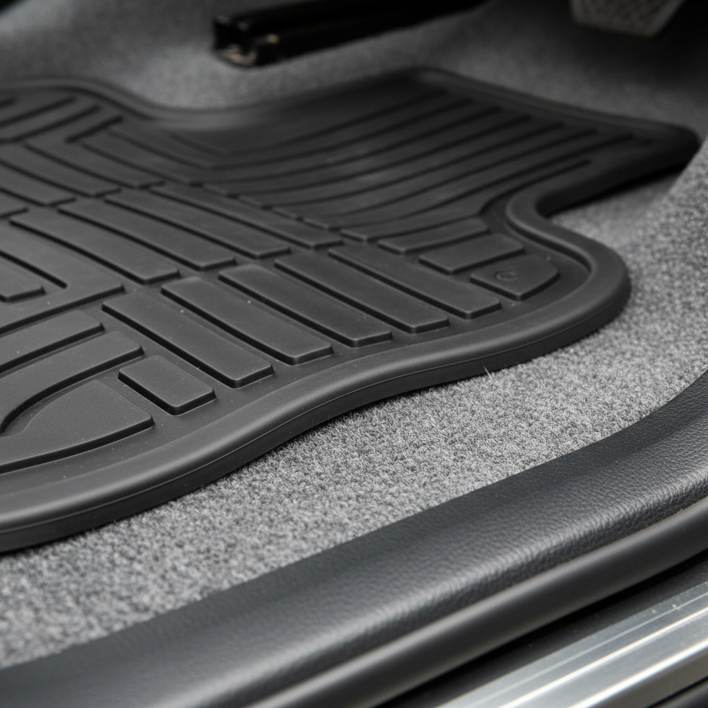 Edge trim sealing heavy-duty vinyl mat to car carpet seamlessly