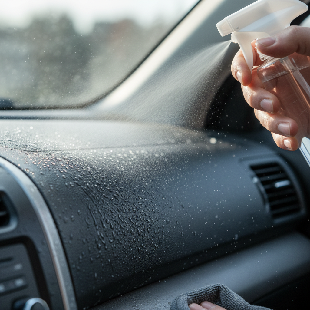 Spray bottle misting dashboard, beads forming on vinyl before wipe