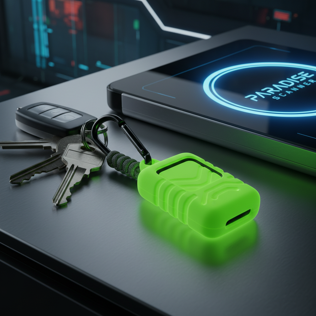 Neon-green silicone RFID fob case clipped to keys beside Paradise scanner