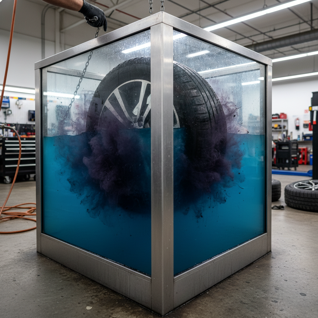 Wheel submerged in dip tank, brake dust dissolving instantly in professional shop
