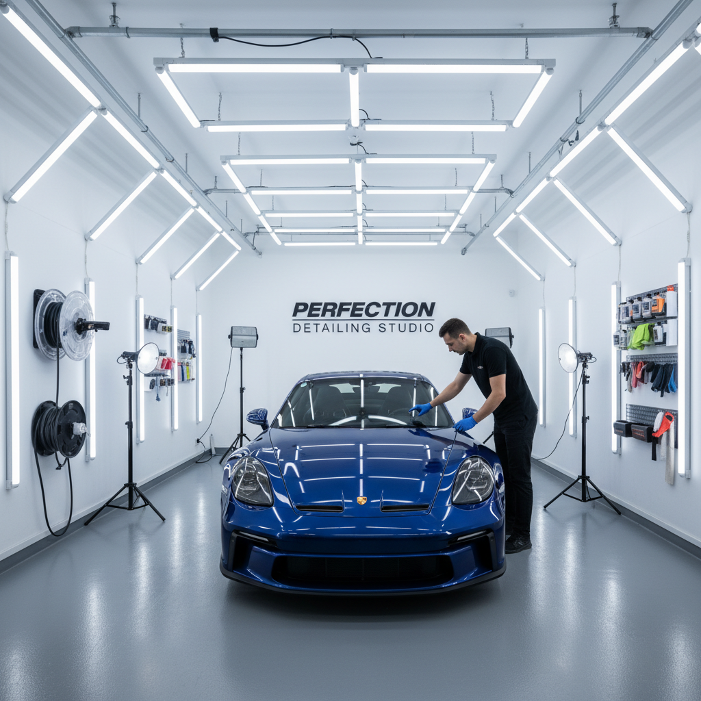 Full bay lit by professional LED light array revealing all paint imperfections, detailing shop