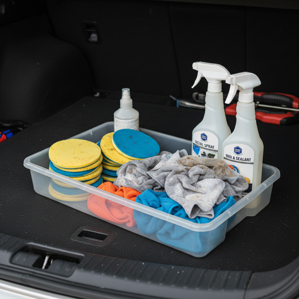 Organized tray holding wax pads, buff cloths, and spray post-use on car trunk