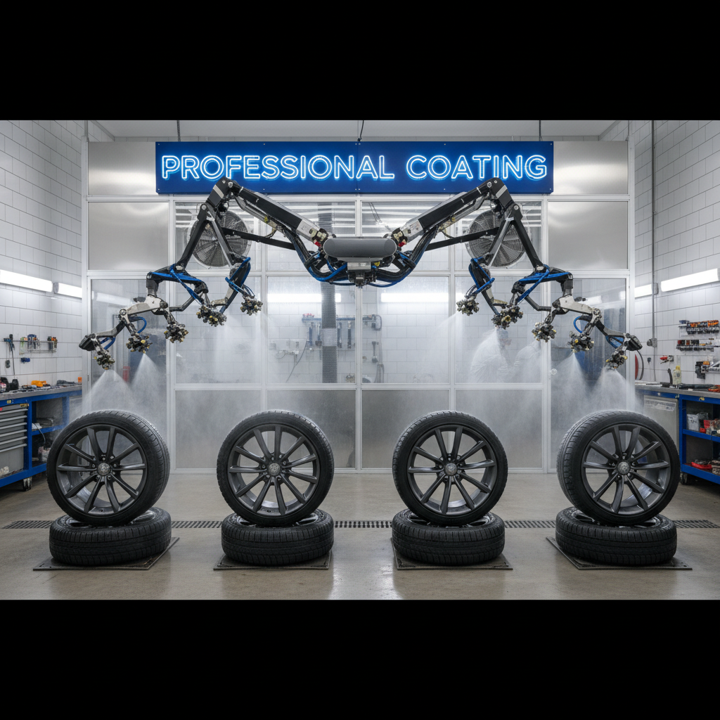 Sprayer array sealing 4 wheels simultaneously with sealant, professional shop setup