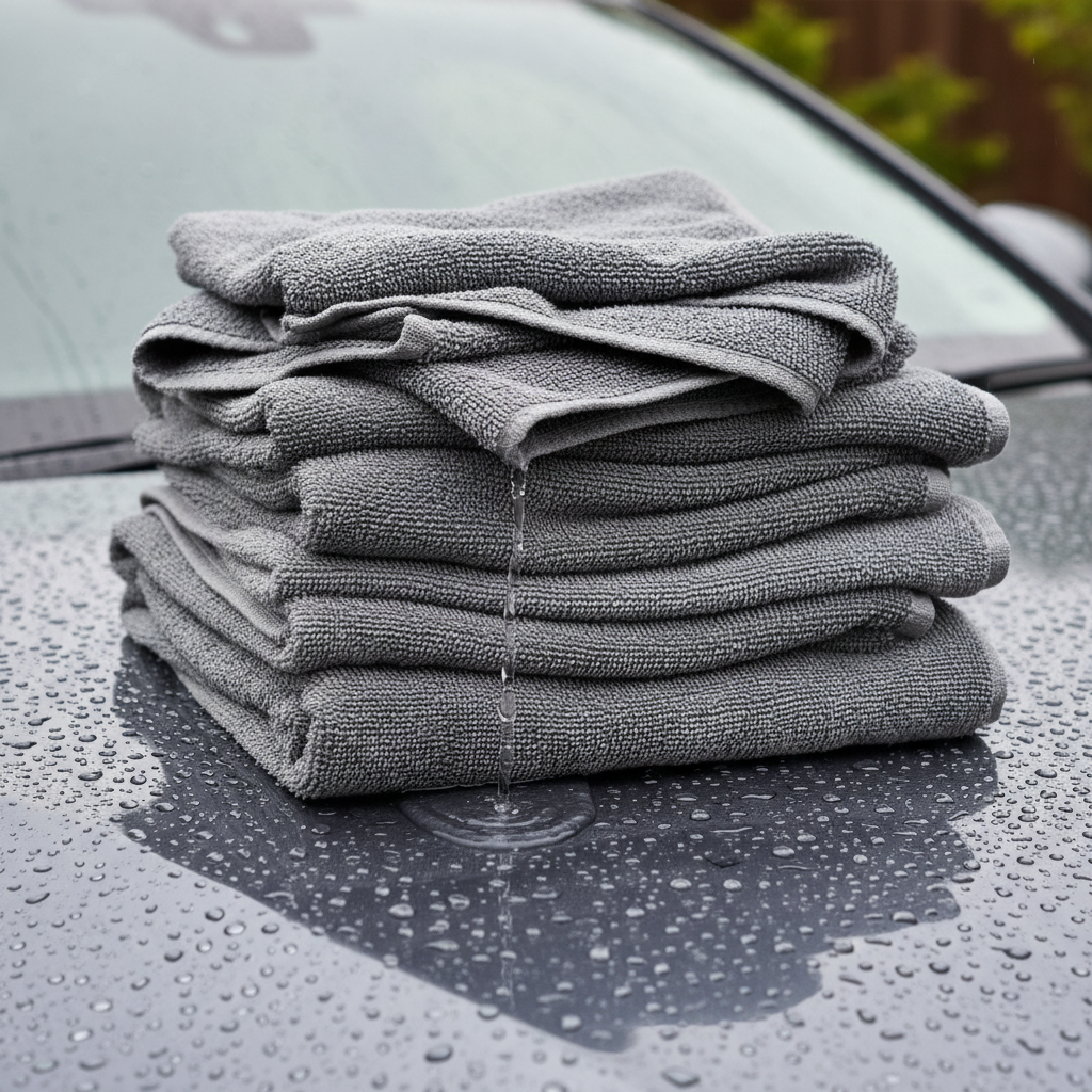 Stack of plush gray microfiber towels absorbing water beads from post-wash hood