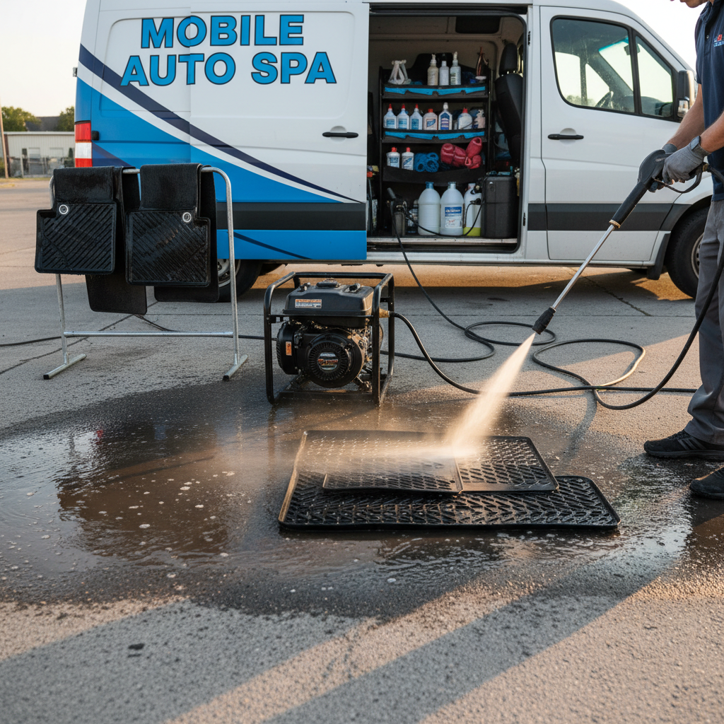 Pressure washer extracting dirty floor mats beside portable generator, mobile detailing setup