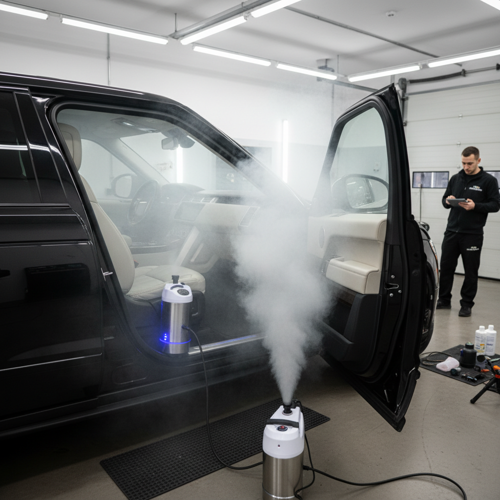 Dual odor machines fogging large SUV interior simultaneously, professional detailing
